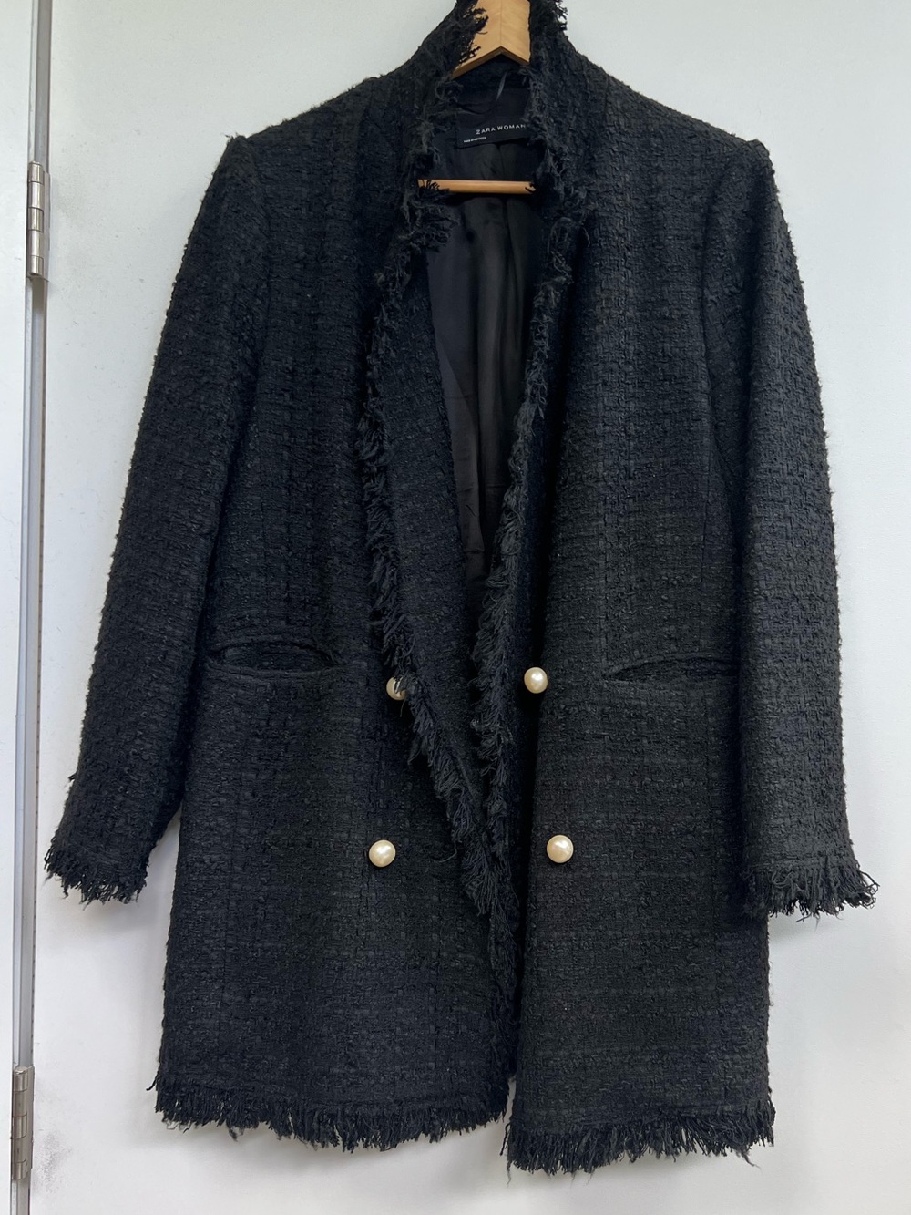 Zara Black Tweed Fringe Double-Breasted Blazer